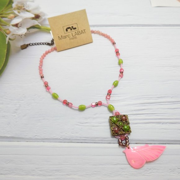 Pink Wing Necklace Bead Enamel Artisan - Picture 1 of 5